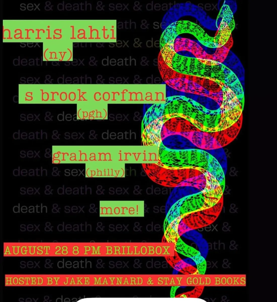 Sex & Death: Harris Lahti, S. Brook Corfman, Graham Irvin + More @ Brillobox